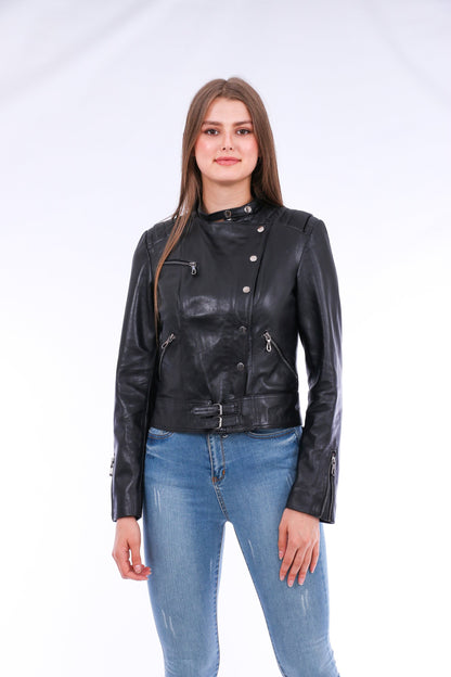 Black Rovigo Leather Biker Jacket by Sangria Iapetus, featuring classic design and silver hardware, displayed on a hanger.