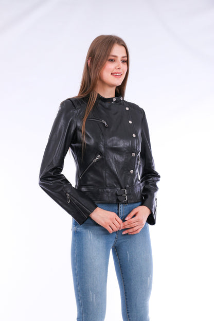Black Rovigo Leather Biker Jacket by Sangria Iapetus, featuring classic design and detailed stitching, displayed on a hanger.