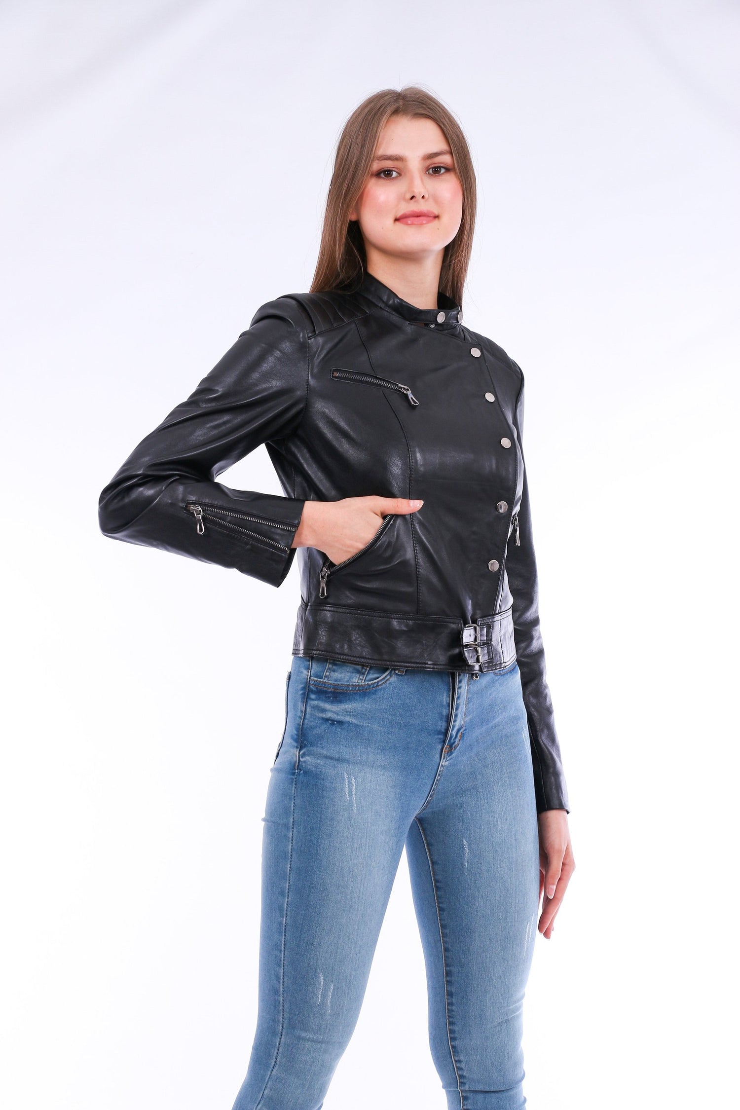 Black Rovigo Leather Biker Jacket by Sangria Iapetus, featuring classic design, lapel collar, and silver hardware.
