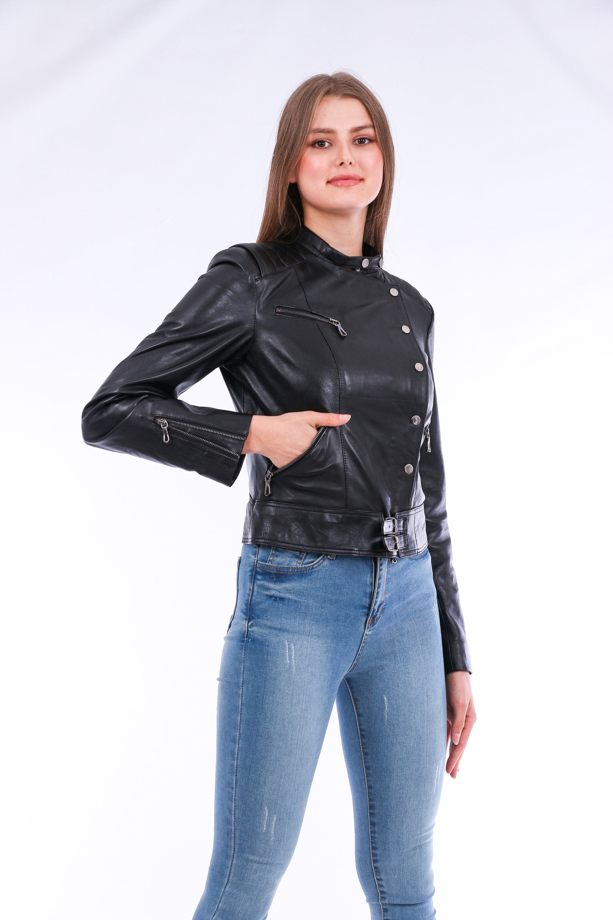 Black Rovigo Leather Biker Jacket by Sangria Iapetus, featuring classic design, lapel collar, and silver hardware.
