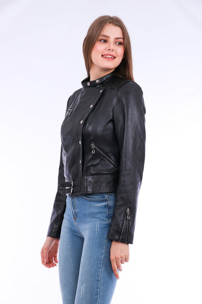 Black Rovigo leather biker jacket by Sangria Iapetus, shown on a hanger with detailed stitching and classic biker style.