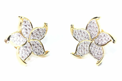 Silver Hestia five petal flower stud earrings with detailed flower design and silver finish.