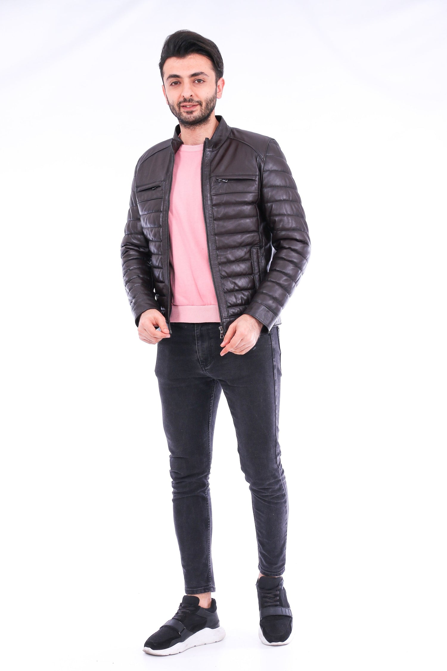 Sangria Iapetus Loano quilted biker jacket in black with silver zipper details and quilted shoulder accents.