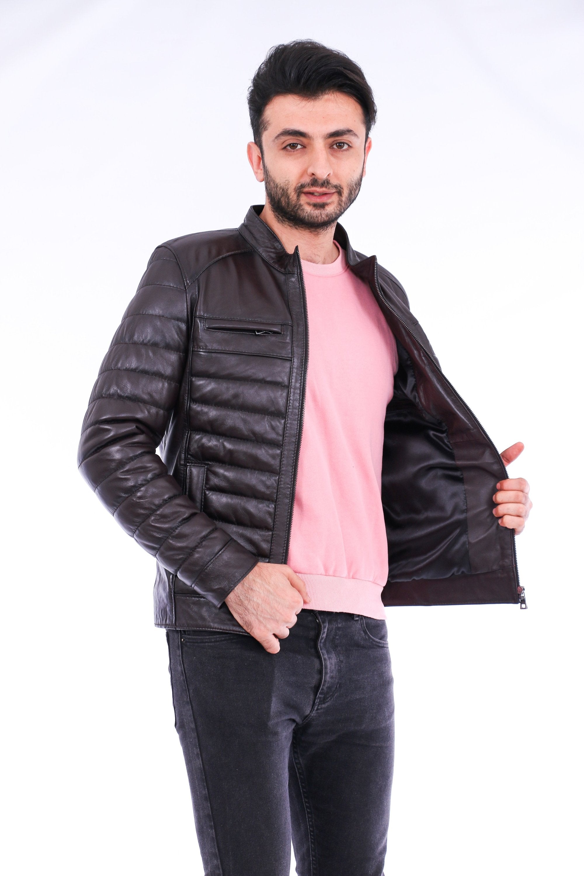 Sangria Iapetus Loano quilted biker jacket with a fitted design and quilted texture, displayed on a hanger.