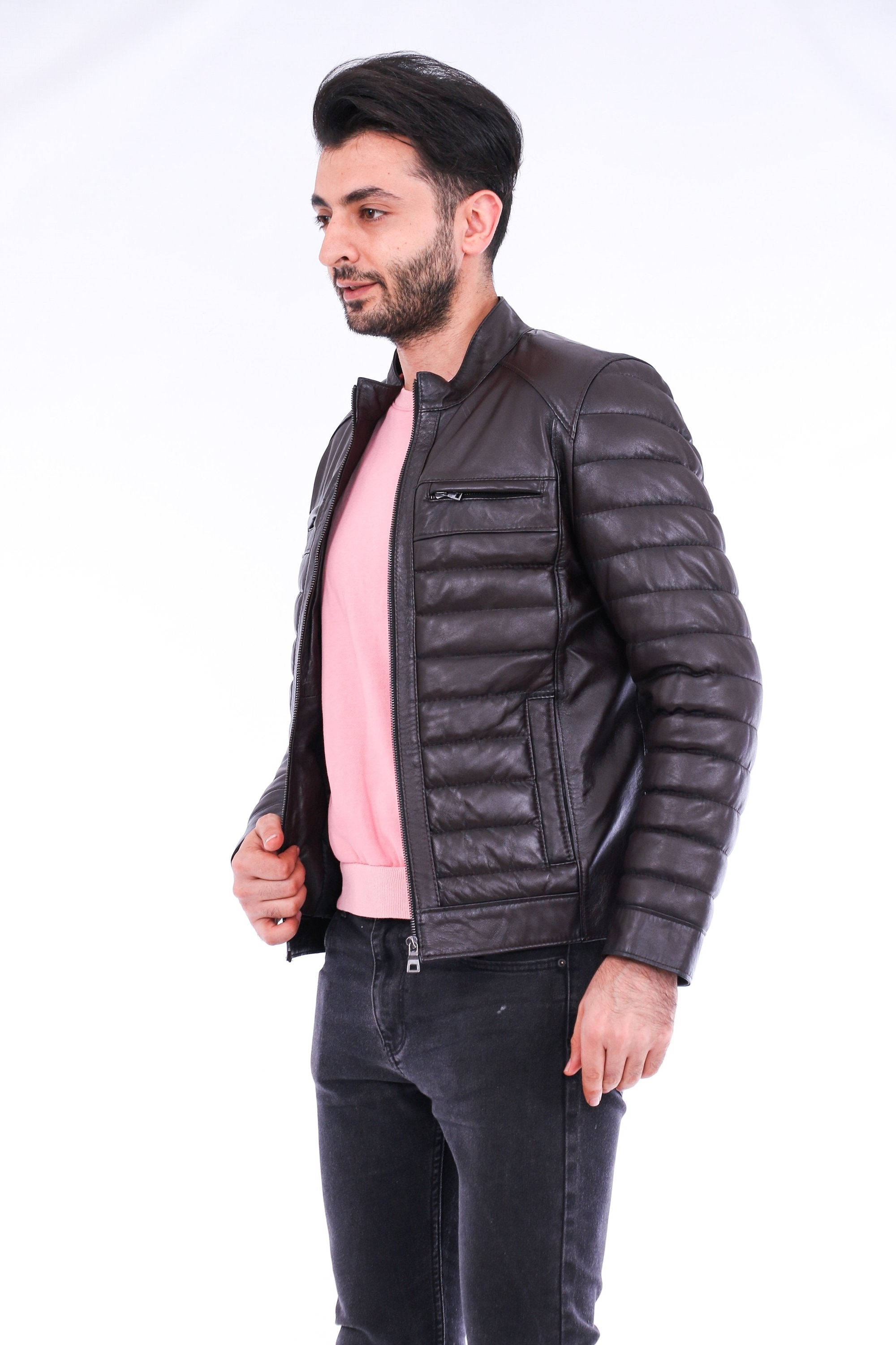 Sangria Iapetus Loano quilted biker jacket in black with silver zipper and quilted detailing, displayed on a hanger.