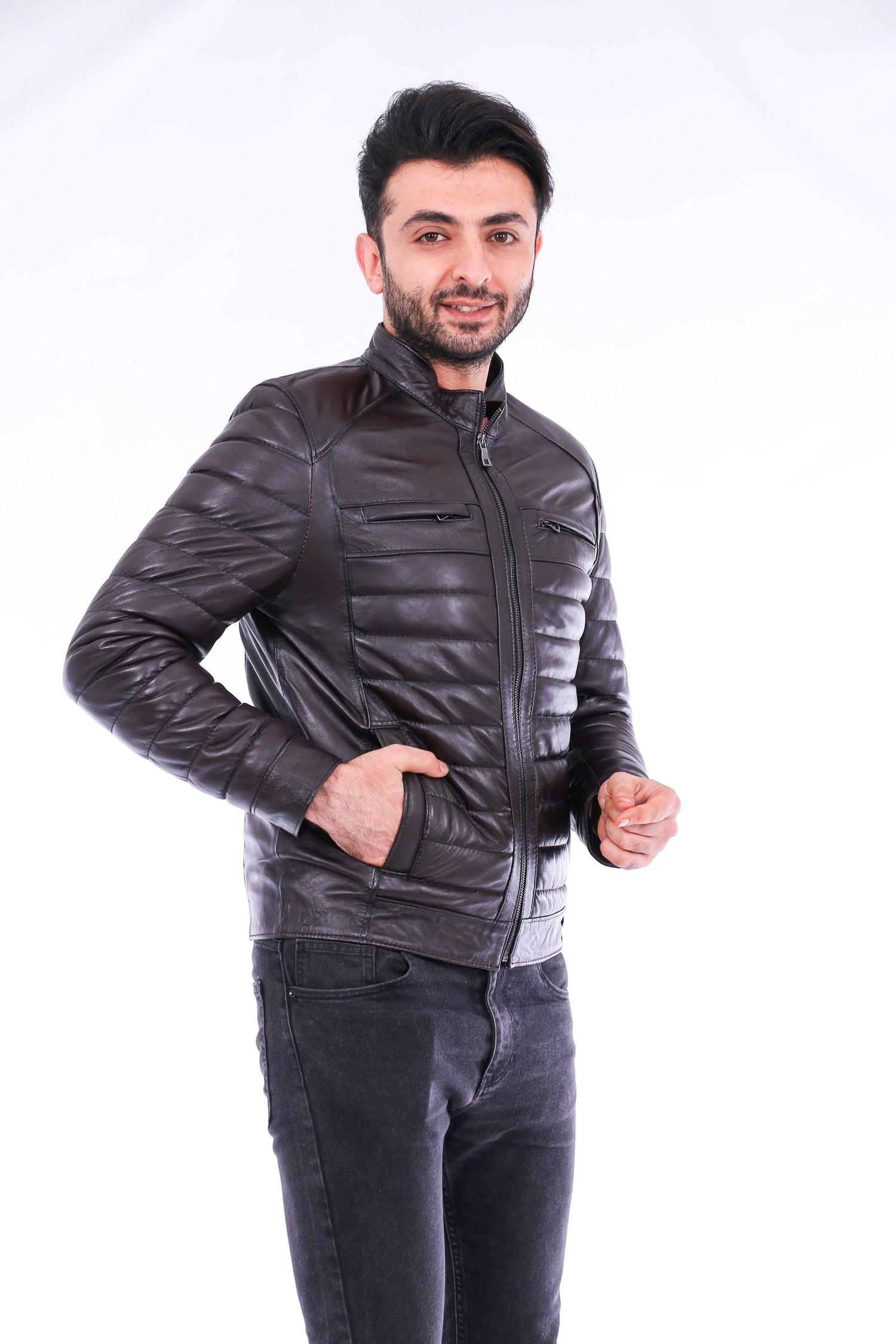Sangria Iapetus Loano quilted biker jacket in black, featuring a quilted design, collar, and front zipper for a stylish, edgy look.