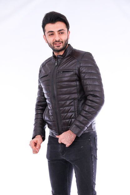 Sangria Iapetus Loano quilted biker jacket with quilted details, front zipper, and collar, shown on a hanger.