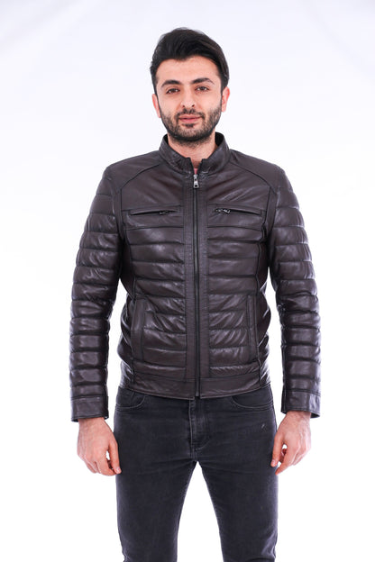 Sangria Iapetus Loano quilted biker jacket in black with silver zipper details, styled with lapel collar and quilted design.