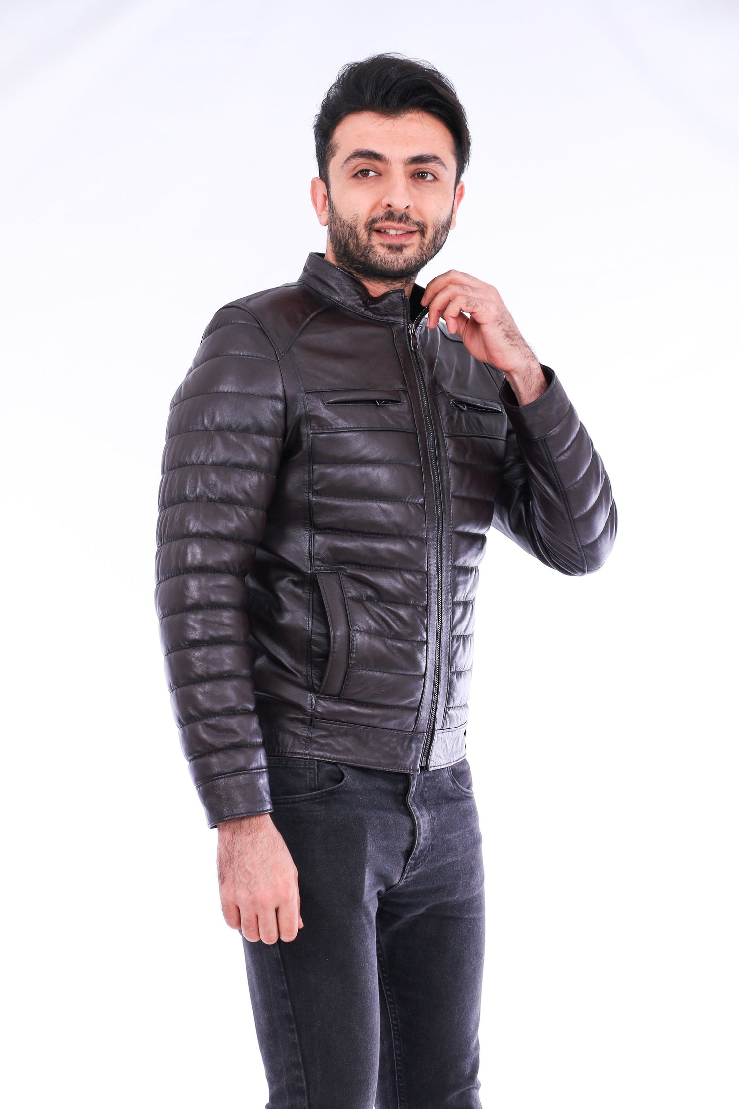 Sangria Iapetus Loano quilted biker jacket in black with silver zipper details, displayed on a hanger against a neutral background.