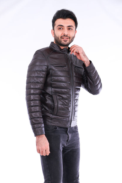 Sangria Iapetus Loano quilted biker jacket in black with silver zipper details, displayed on a hanger against a neutral background.