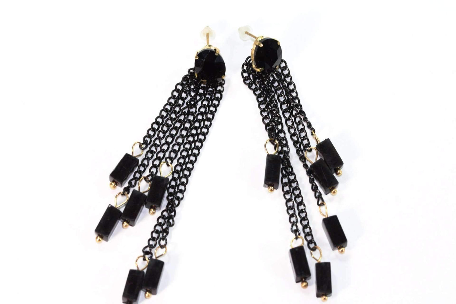 Silver Hestia Chain and Beads Dangle Earrings with intricate metal and bead details, showcasing elegant jewelry design.