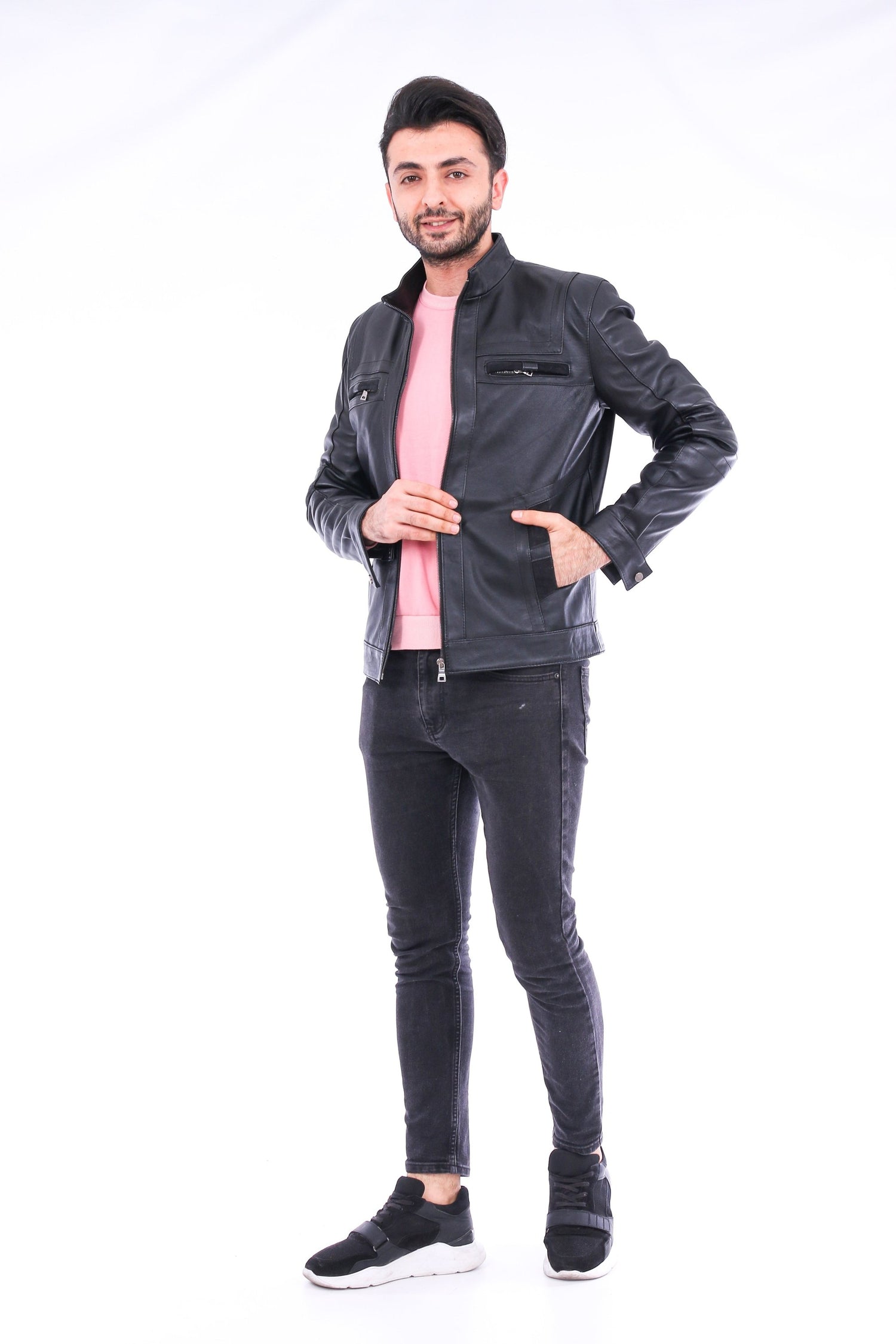 Sangria Iapetus Bosco leather jacket for men, stylish black jacket with detailed stitching, front zipper, and classic collar.