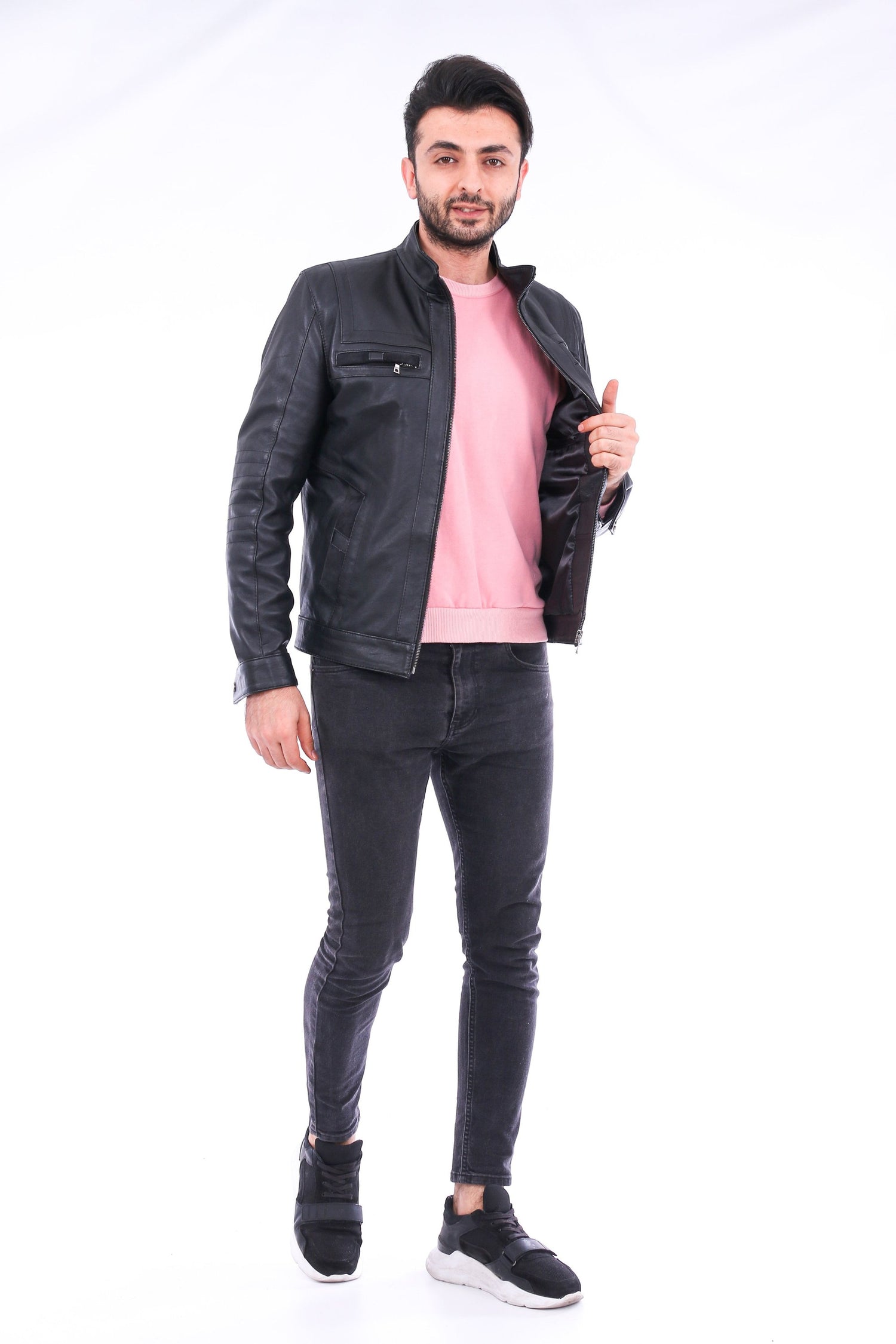 Sangria Iapetus Bosco leather jacket with front zipper, side pockets, and stylish collar on a hanger.