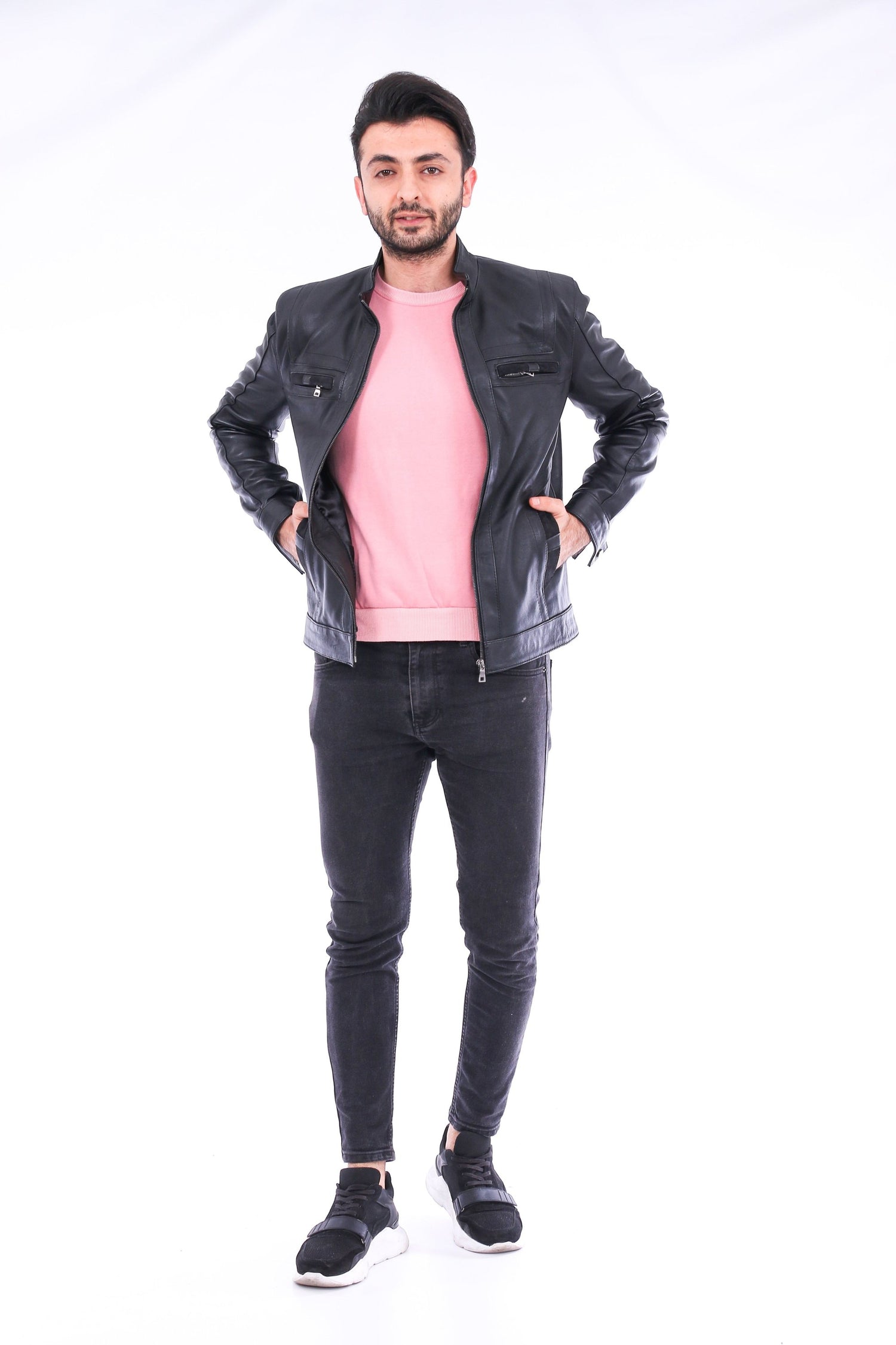 Sangria Iapetus Bosco leather jacket for men, stylish black jacket with detailed stitching and classic collar, displayed on a hanger.