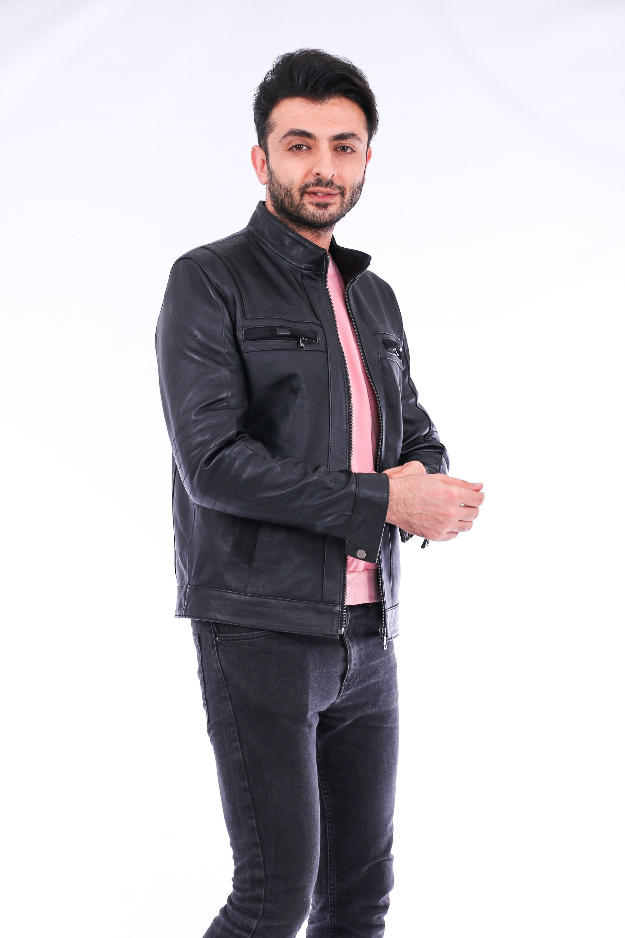 Sangria Iapetus Bosco leather jacket for men, stylish black jacket with a sleek design and detailed stitching.