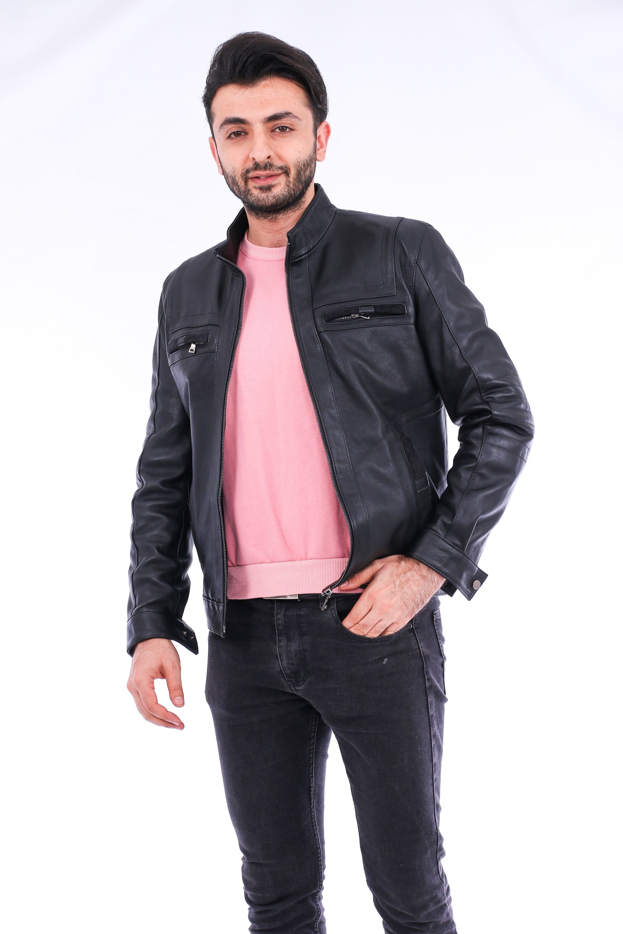 Sangria Iapetus Bosco leather jacket for men, stylish black jacket with detailed stitching and classic collar, front view.