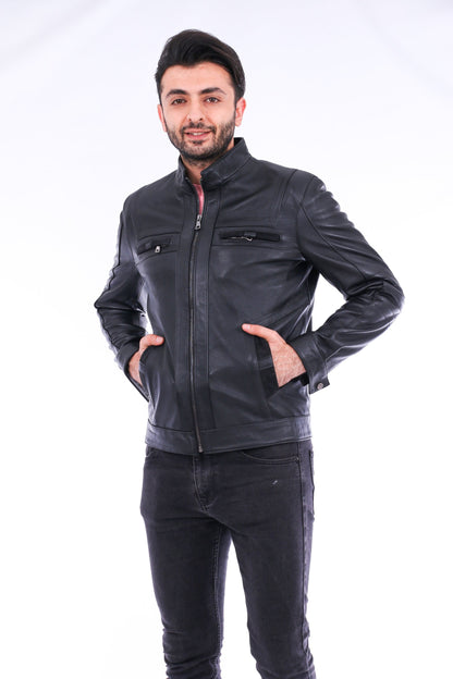 Sangria Iapetus Bosco leather jacket hanging on a wooden hanger, showcasing its classic design and rich brown leather material.