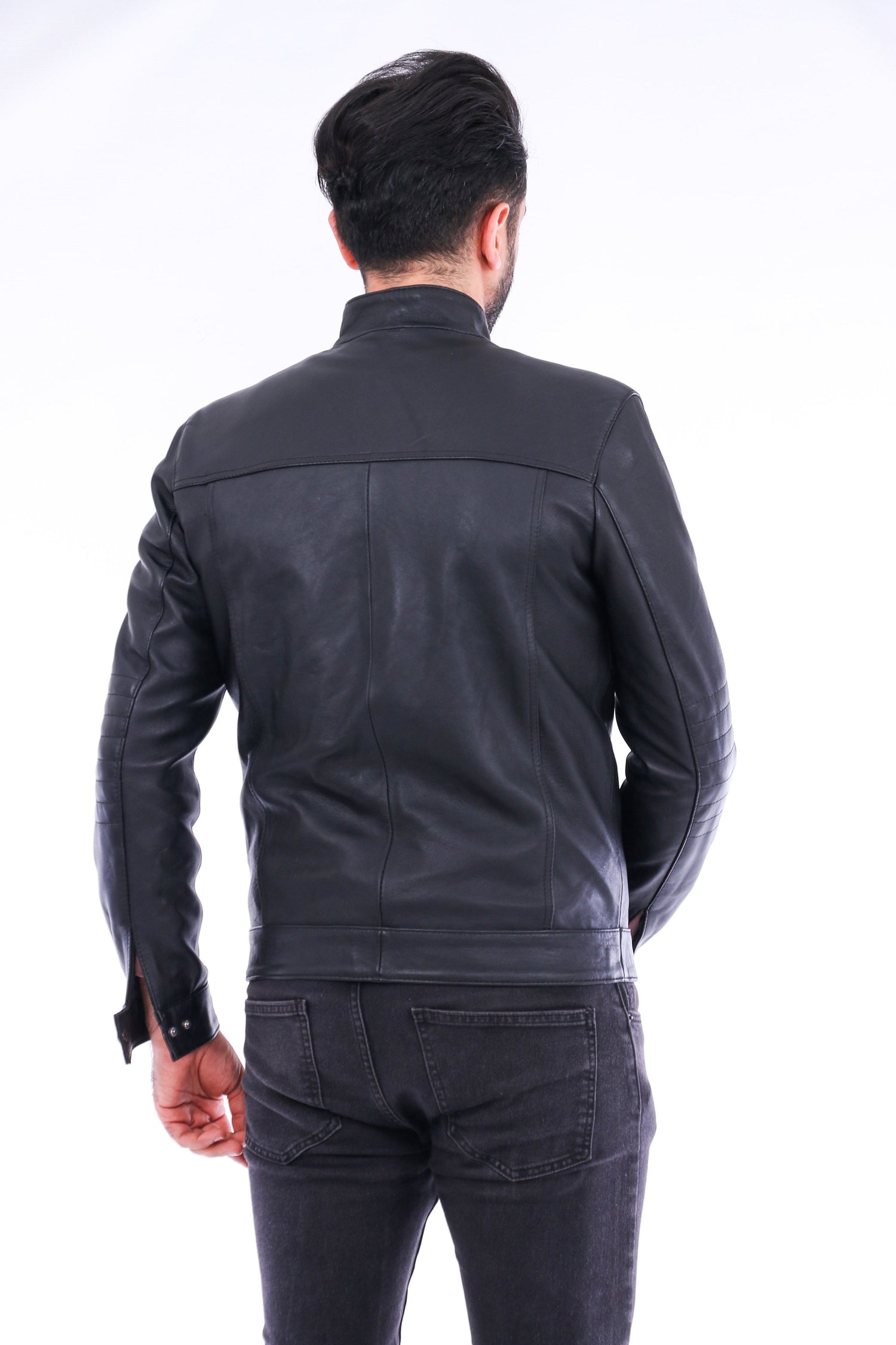 Sangria Iapetus Bosco leather jacket for men, stylish black jacket with classic collar and zip closure, displayed on a hanger.