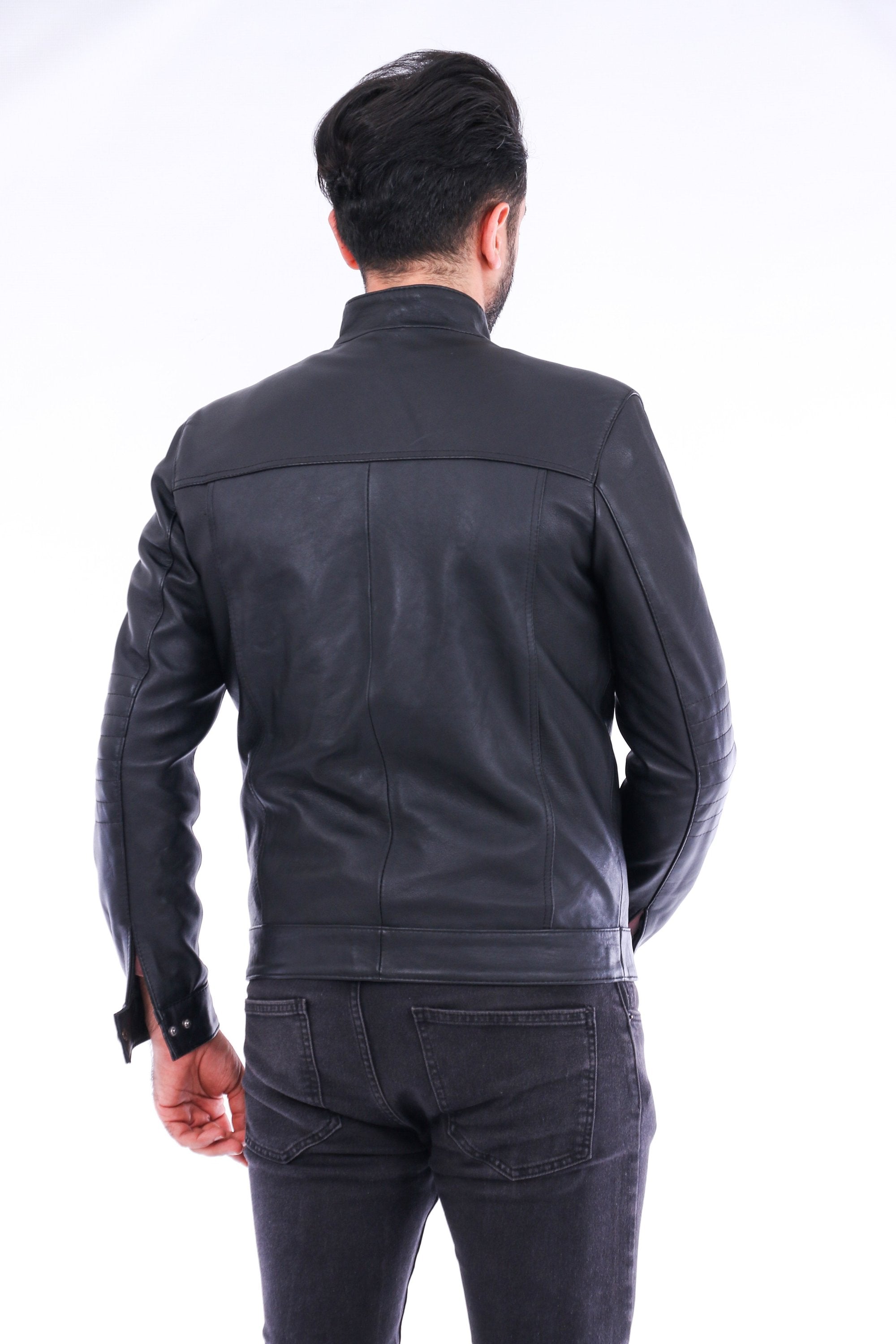 Sangria Iapetus Bosco leather jacket for men, stylish black jacket with classic collar and zip closure, displayed on a hanger.