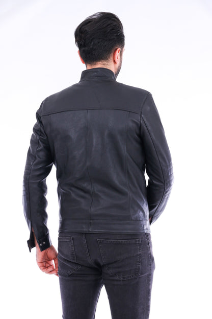 Sangria Iapetus Bosco leather jacket for men, stylish black jacket with classic collar and zip closure, displayed on a hanger.