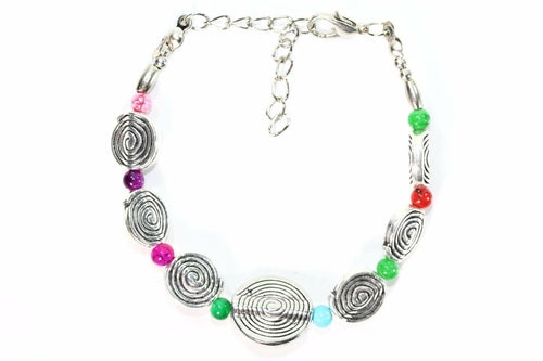 Silver Hestia infinity spiral charm bracelet with intertwined metal loops and delicate chain design.