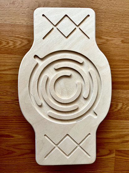 Red Oceanus Maze Wooden Balance Board, a natural wooden furniture piece designed for balance and stability exercises.