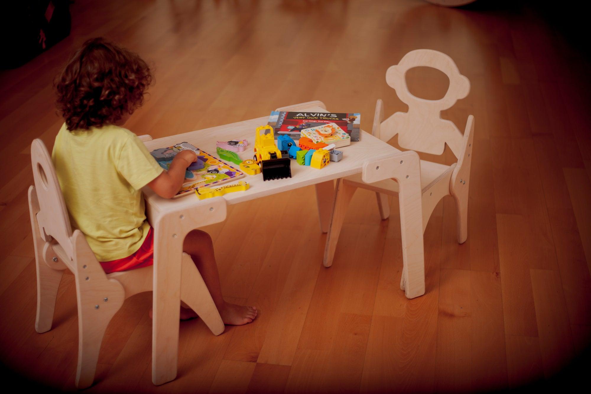 Red Oceanus Montessori table and chair set for children, durable furniture with a smooth finish and child-friendly design.