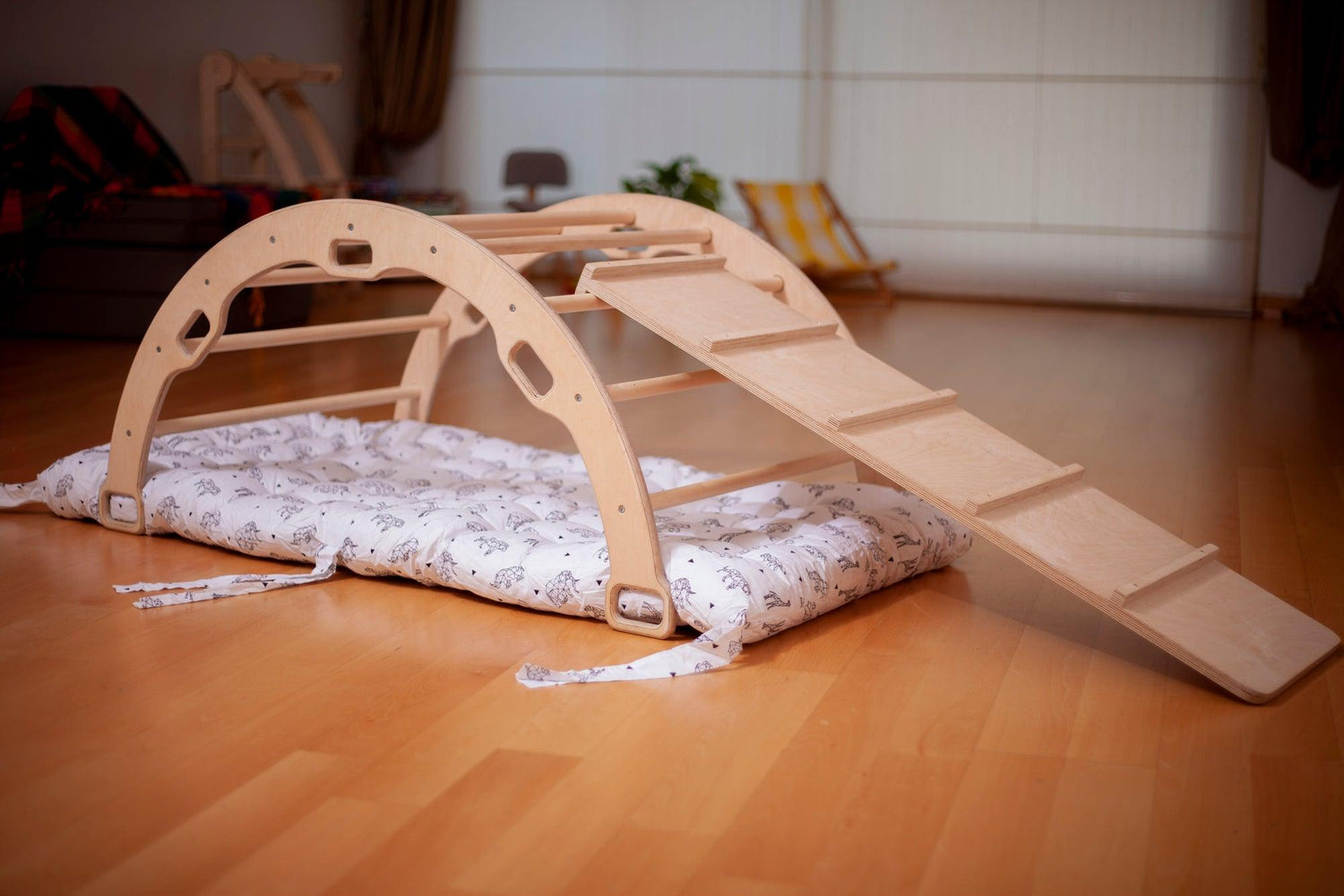 Red Oceanus Montessori Climber Set with arch, rocker, ramp, and pillow, child-friendly furniture for active play and development.