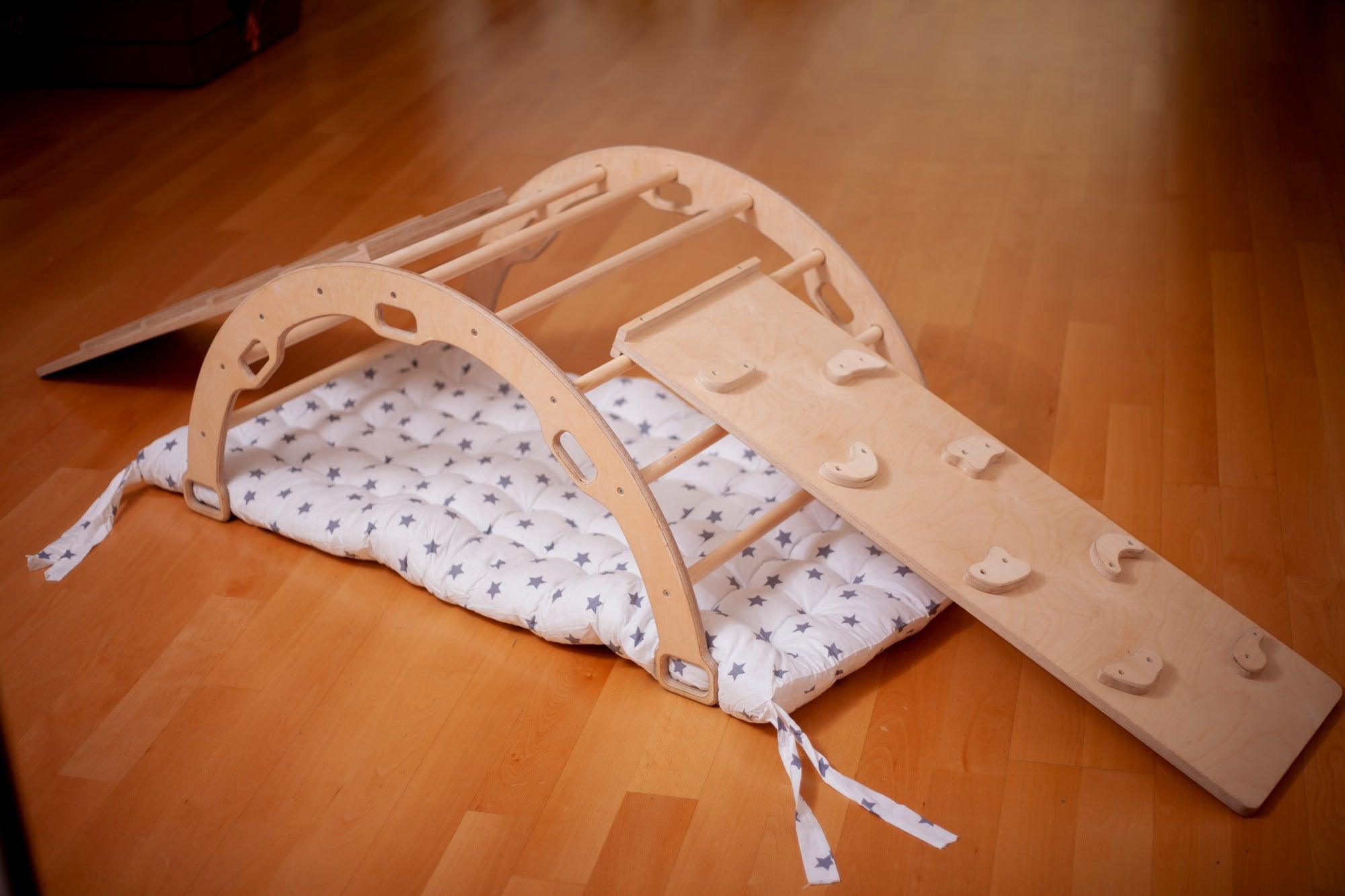 Red Oceanus Montessori climber set with wooden arch, rocker, ramp, and pillow for children&