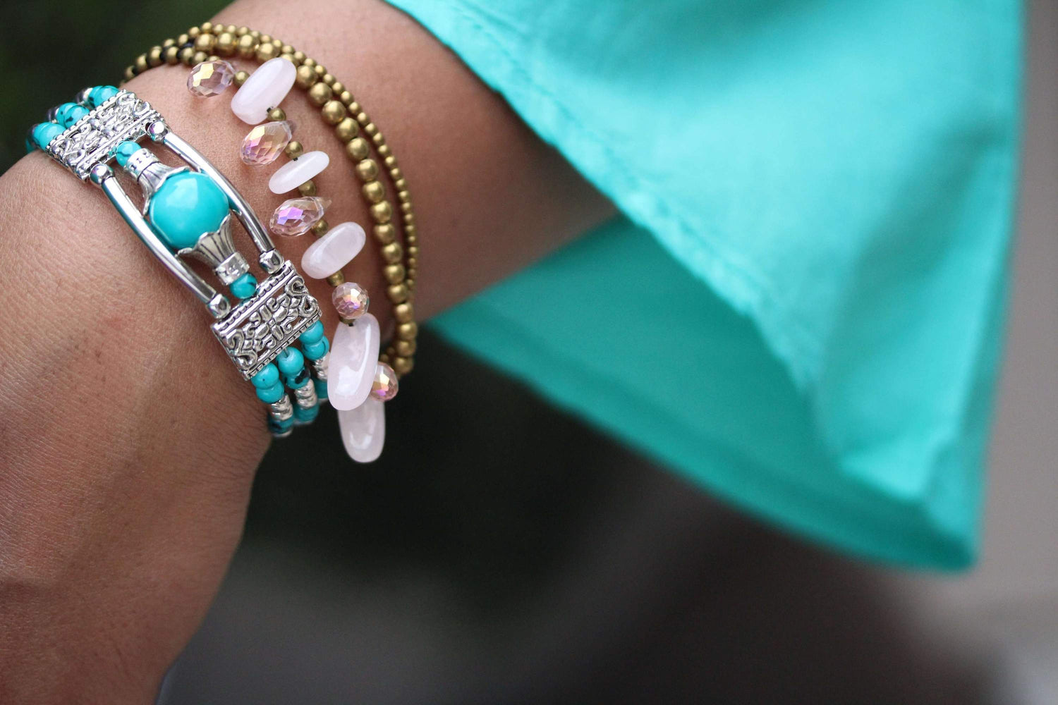 Rose Quartz and crystal beads romance bracelet by Silver Hestia, featuring delicate pink stones and sparkling accents.