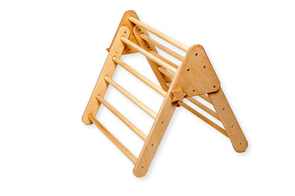 Red Oceanus Montessori Triangle Climber Set in three sizes, featuring natural wood finish for children&