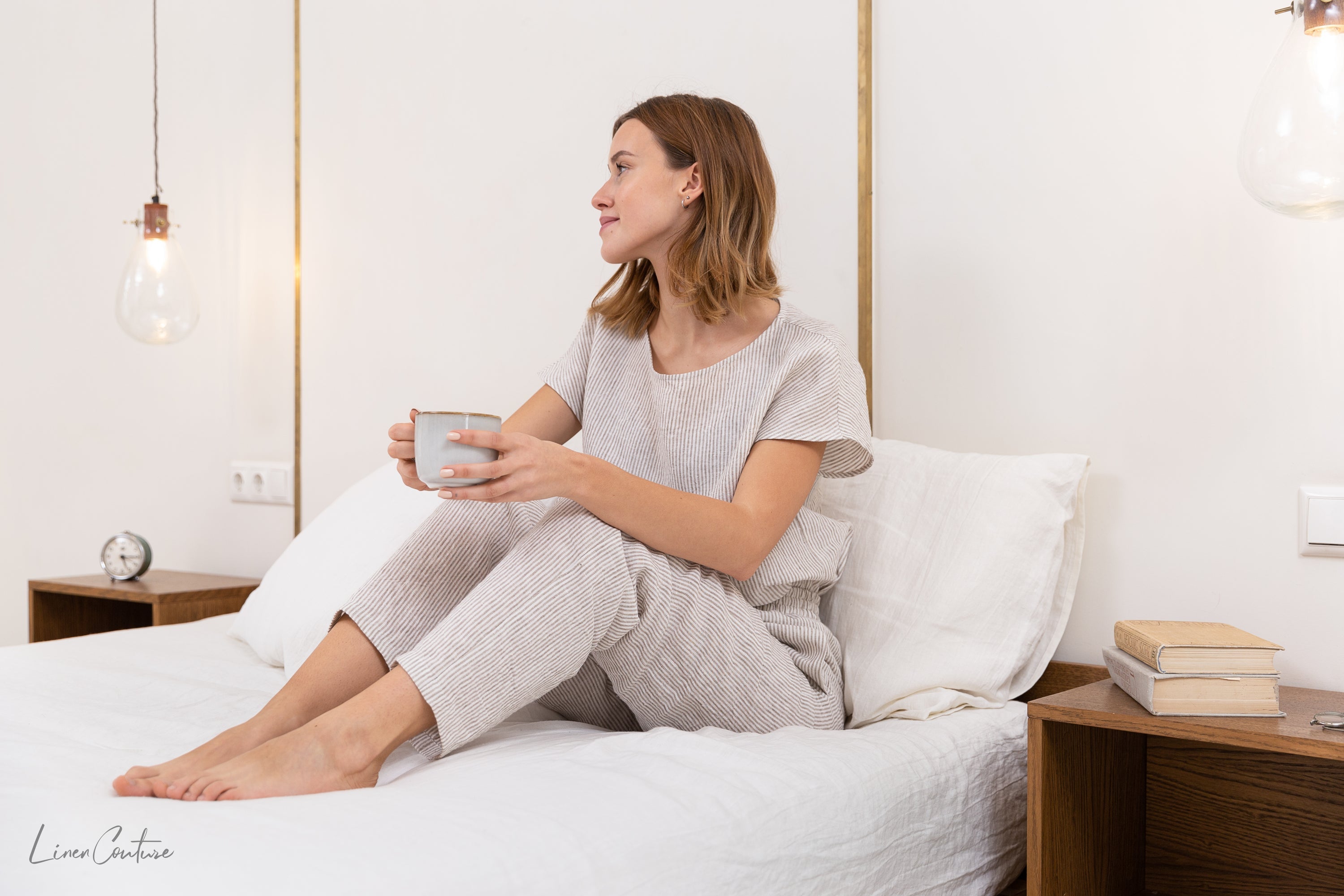 Cloudy grey stripe linen pajama set from Magenta Sugarplum, soft natural linen sleepwear with comfortable loungewear fit.