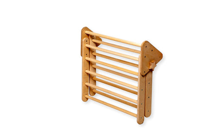 Red Oceanus Montessori Triangle Climber Set in three sizes, showing wooden furniture with smooth finishes and sturdy construction.
