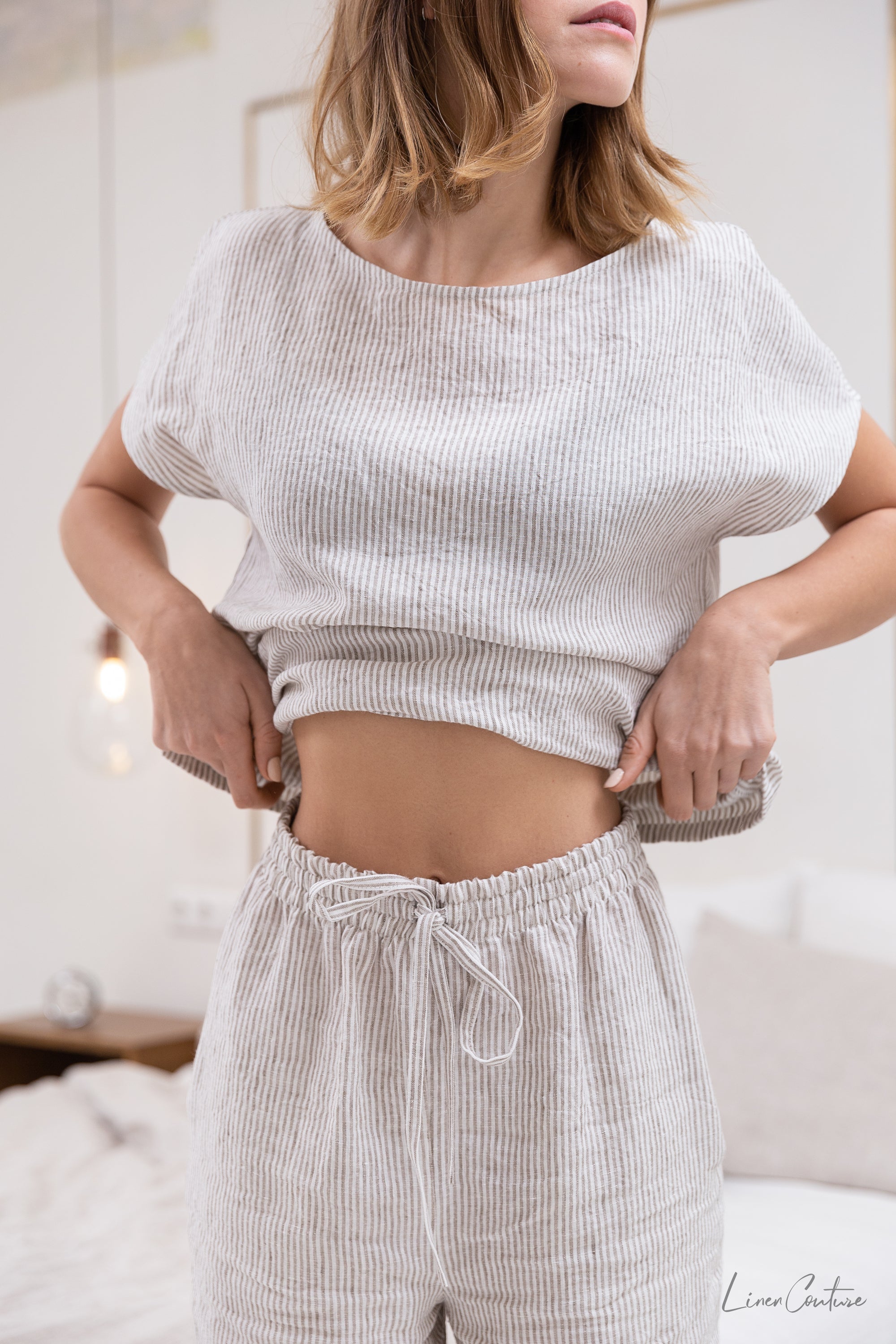 Dark grey and natural linen striped pajama set by Magenta Sugarplum, soft linen sleepwear for comfortable lounging.