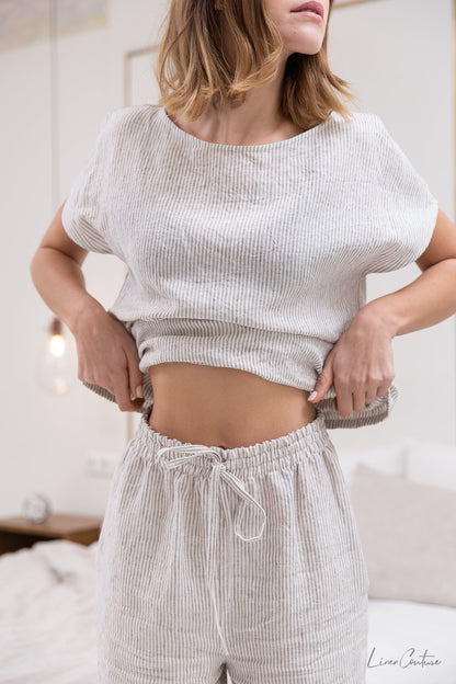 Dark grey and natural linen striped pajama set by Magenta Sugarplum, soft linen sleepwear for comfortable lounging.