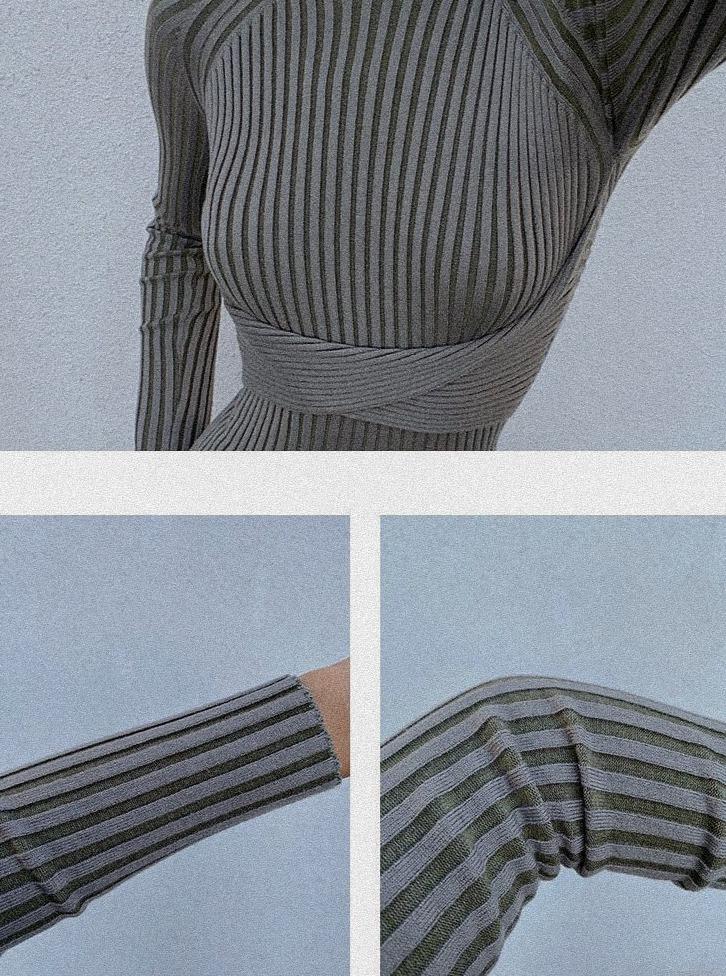 Azure Thanatos Malika Knit Dress, close-up of soft knitted fabric and stylish design, worn by a model showcasing its fit and texture.