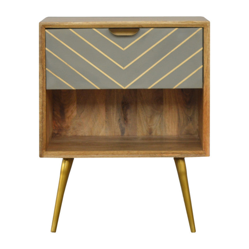 Sleek cement and brass inlay bedside table with open slot design by Jade Epimetheus, modern furniture for bedroom decor.