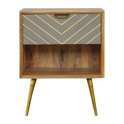 Sleek cement and brass inlay bedside table with open slot design by Jade Epimetheus, modern furniture for bedroom decor.