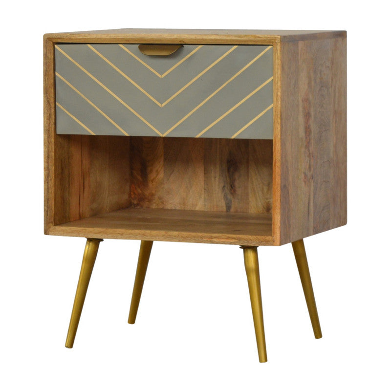 Sleek cement and brass inlay bedside table with open slot, modern furniture piece by Jade Epimetheus.