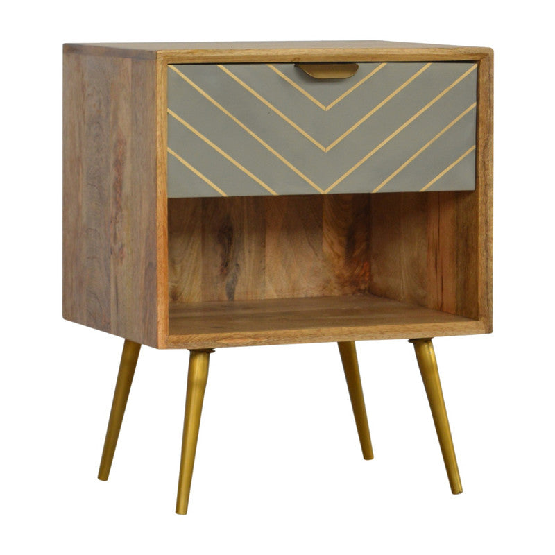 Sleek cement and brass inlay bedside table with open slot design by Jade Epimetheus, modern furniture piece.