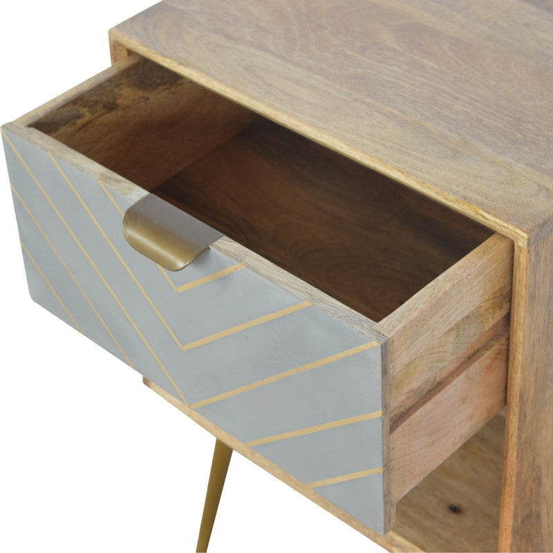 Sleek cement and brass inlay bedside table with open slot design by Jade Epimetheus, showcasing modern furniture style.