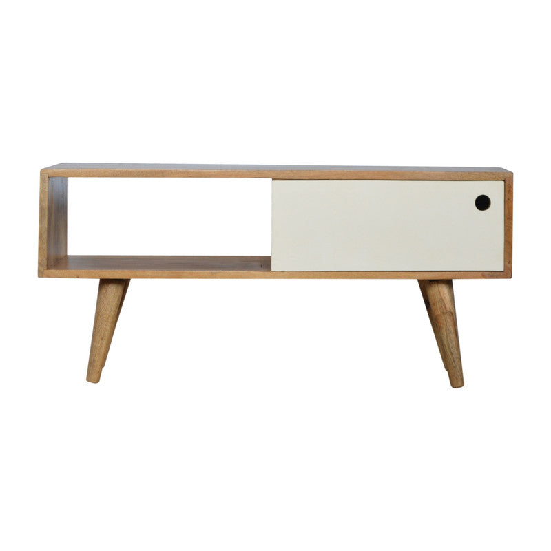 Modern media unit with white painted sliding door, crafted by Jade Epimetheus, featuring a sleek, contemporary furniture design.