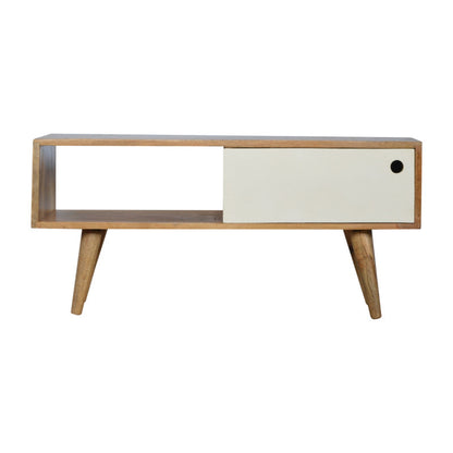 Modern media unit with white painted sliding door, crafted by Jade Epimetheus, featuring a sleek, contemporary furniture design.