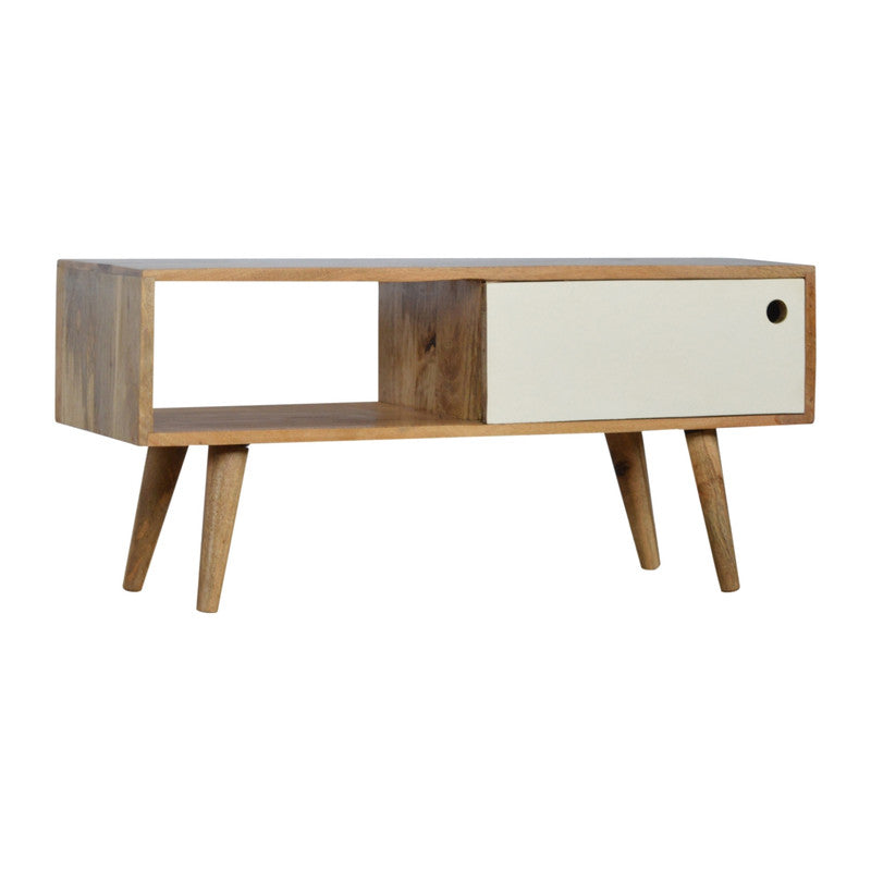Media unit with white painted sliding door, modern furniture piece by Jade Epimetheus, showcasing sleek design and storage space.