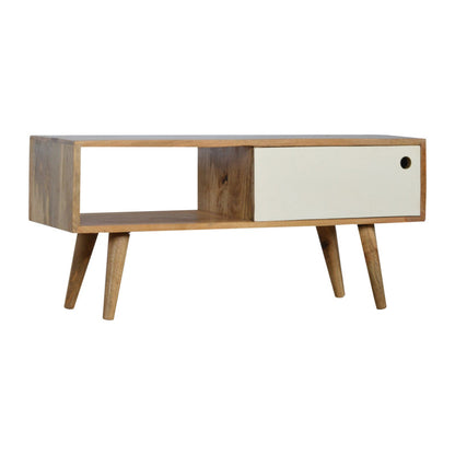 Media unit with white painted sliding door, modern furniture piece by Jade Epimetheus, showcasing sleek design and storage space.