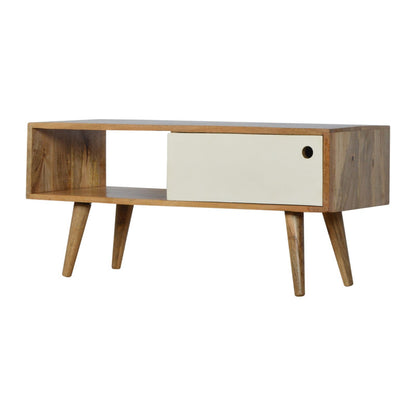 Jade Epimetheus media unit with white painted sliding door, modern furniture piece with sleek design and storage compartments.