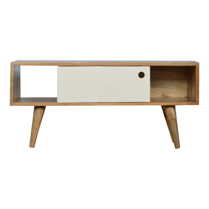 Media unit with white painted sliding door, modern furniture piece by Jade Epimetheus, featuring sleek design and storage space