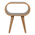Circular open bedside table from Jade Epimetheus, featuring a sleek wood finish and open shelving for modern bedroom storage.