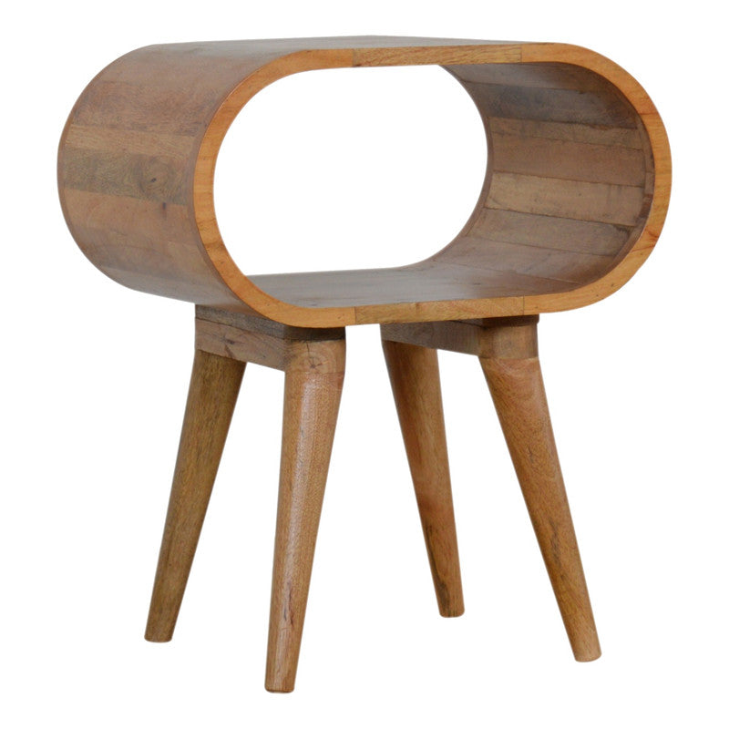 Jade Epimetheus circular open bedside table with a sleek modern design, featuring a round tabletop and open storage shelf.