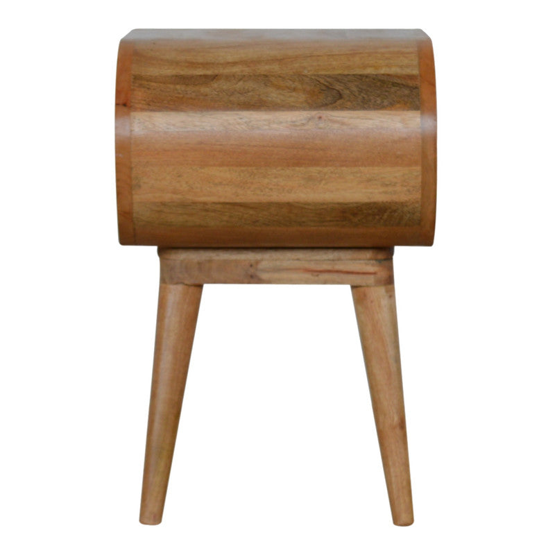 Jade Epimetheus circular open bedside table with a modern design, featuring a round top and open shelving for bedroom storage.